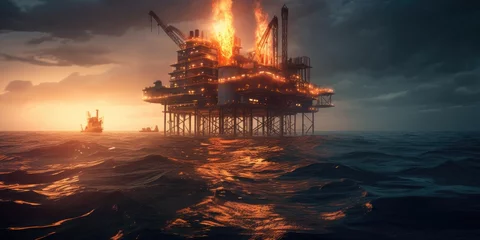 Fotobehang Oil rig fire. Petroleum production. Offshore oil and gas fire case or emergency case. Generative AI. Fire flame from oil pipeline leak and explosion on oil rig and natural gas station. © Ruslan Shevchenko