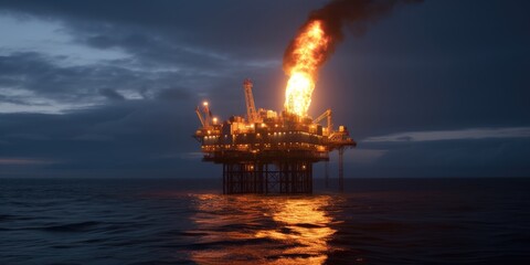 Oil rig fire. Petroleum production. Offshore oil and gas fire case or emergency case. Generative AI. Fire flame from oil pipeline leak and explosion on oil rig and natural gas station.