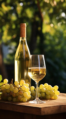 Glass of white wine, ripe grapes and bottle on table in vineyard