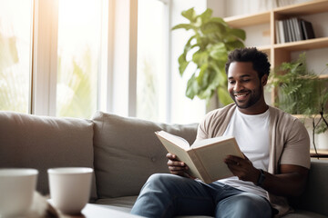 Pensive relaxed African American man reading a book at home, drinking coffee sitting on the couch. Copy space