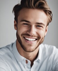 handsome young white american man model with perfect clean teeth laughing and smiling. isolated on white background