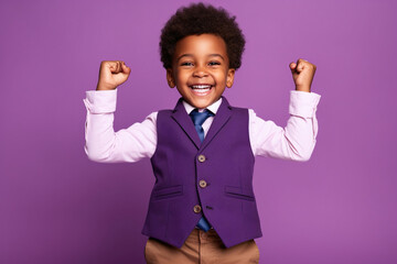 African American boy dressed stylish clothes celebrate success raise hands fists isolated on purple...