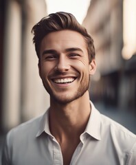 Obraz premium handsome young white american man model with perfect clean teeth laughing and smiling. isolated on white background