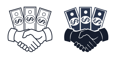 Icon, logo, emblem handshake and money, dollars. The concept of concluding a deal, agreement, contract, purchase, successful negotiations. Linear isolated black and white drawing. Vector illustration.
