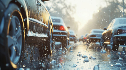 Modern cars parked outdoors on rainy day with hail. Car insurance - obrazy, fototapety, plakaty