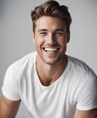 Obraz premium handsome young white american man model with perfect clean teeth laughing and smiling. isolated on white background