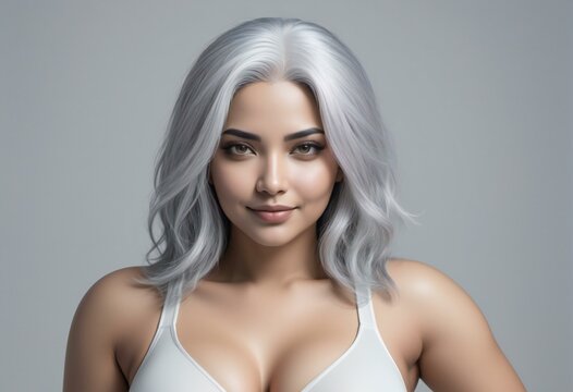 Portrait Of Beautiful Young Woman With Silver Hair,  Gray Background