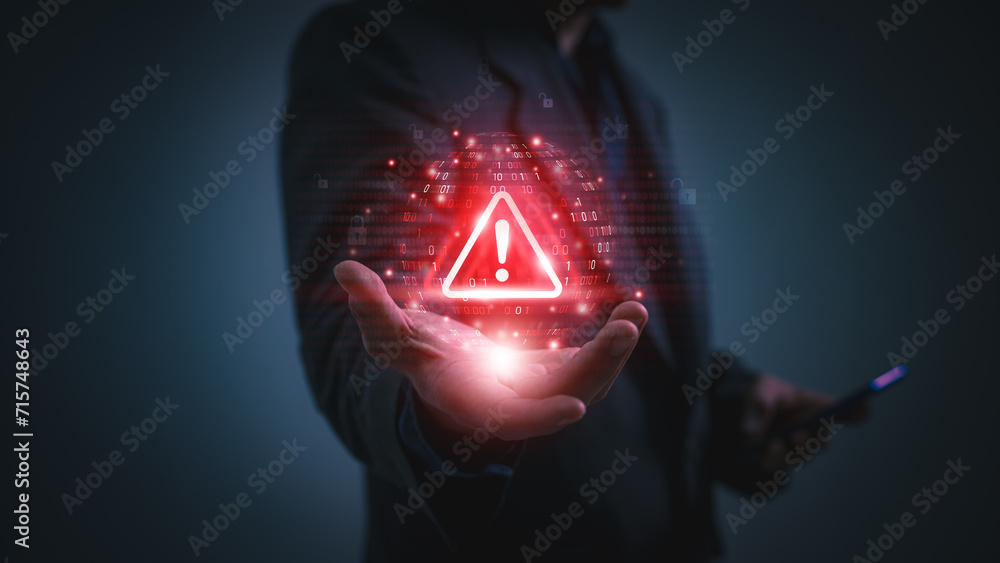 Aufkleber warning alert icon with a hacked system. malicious software, virus, spyware, malware, or cyberattack
