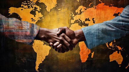 Images depict global cooperation symbols, handshakes between countries, or united efforts
