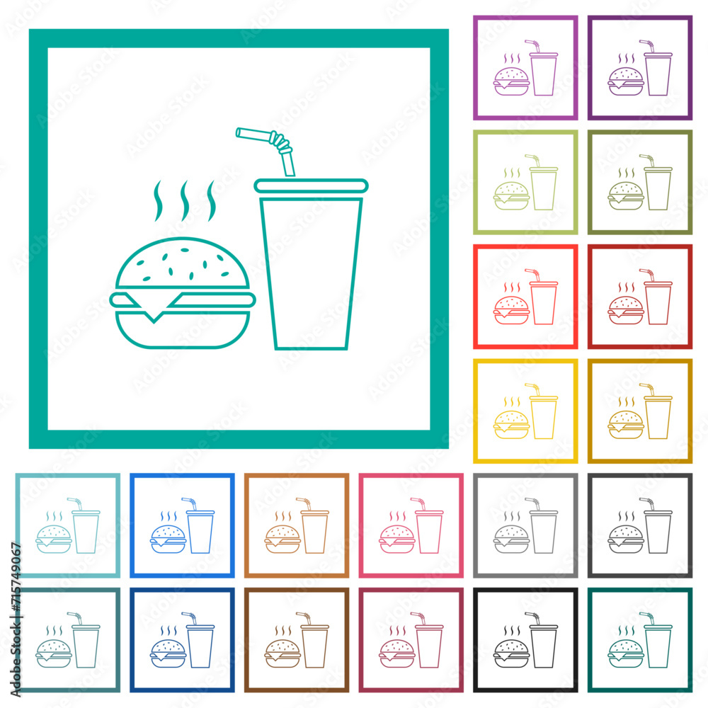 Aufkleber fast food menu with cheeseburger and drink outline flat color icons with quadrant frames