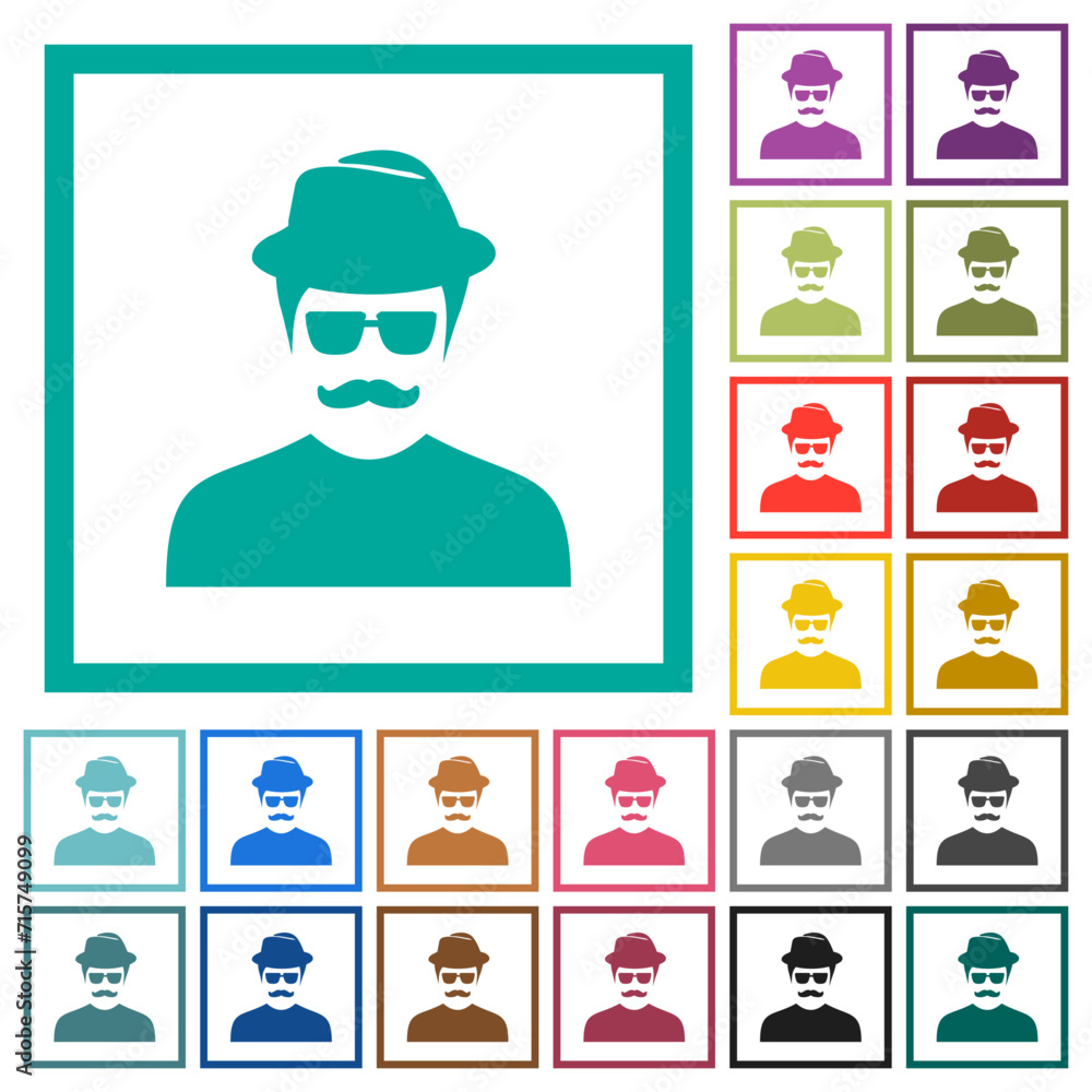 Poster spy with mustache avatar flat color icons with quadrant frames