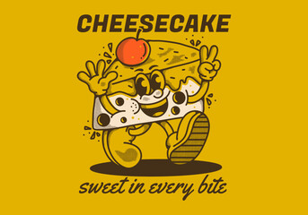 Cheesecake, sweet in every bite. Mascot character illustration of walking cheesecake