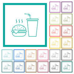 Fast food menu with cheeseburger and drink outline flat color icons with quadrant frames