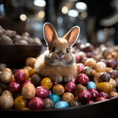 An easter bunny is seen surrounded with chocolate eggs