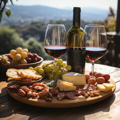 Cheese and charcuterie meat board plates displayed with a bottle and glasses of red wine in front of a winery