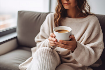 Woman drinking coffee sitting on sofa at home