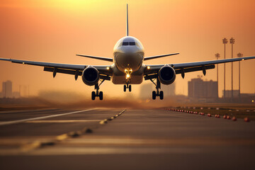 The thrilling moment of an airplane taking off from a modern airport, symbolizing the beauty of travel and aviation.