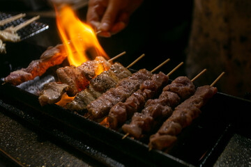 Grilled yakitori chicken skewers at an Izakaya restaurant in Omoide Yokocho street in the Shinjuku district of Tokyo.