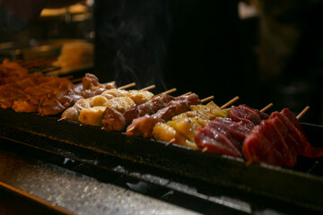 Grilled yakitori chicken skewers at an Izakaya restaurant in Omoide Yokocho street in the Shinjuku district of Tokyo.