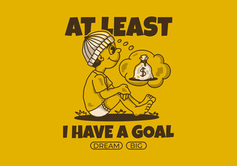 at least I have a goal. Retro character illustration of a beanie boy sitting and daydreaming