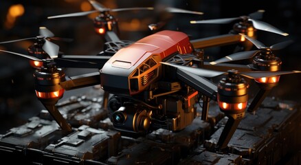 A lego drone soars through the cityscape, its engine humming as it captures the bustling urban life from above