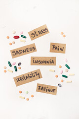 Medicamentos pastillas junto a etiquetas con palabras de síntomas de depresión. Vista superior y...