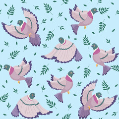 Obraz premium Seamless pattern with flying doves. Urban birds with green leaves. Flying animal in different poses. Funny print for fabric. Decor textile, wrapping paper, wallpaper design. Vector concept