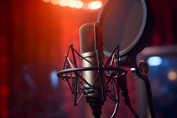 Fototapeta na wymiar Podcast Microphone in a Studio - Ai Generated