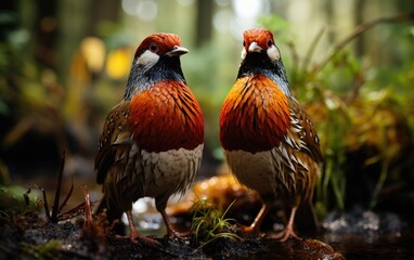 Fototapeta premium Two magnificent phasianids with vibrant red feathers stand tall on the grassy ground, showcasing the beauty and grace of these wild birds in their natural outdoor habitat