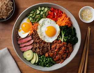Bibimbap rice with egg, and vegetables in a bowl, Generative AI