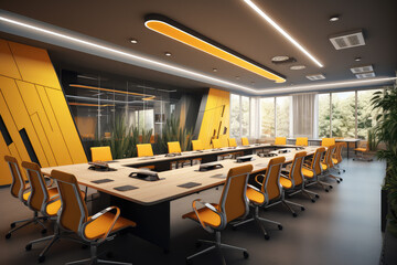 Showcasing a call center office interior designed for 20 employees, this setup includes modern ergonomic chairs, a meeting table, and a sleek executive desk. - obrazy, fototapety, plakaty