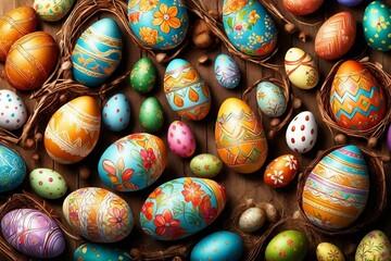 Fototapeta na wymiar Easter eggs with decorative paintings, Generative AI.