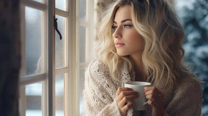 Beautiful woman drinking coffee in the morning sitting by the window