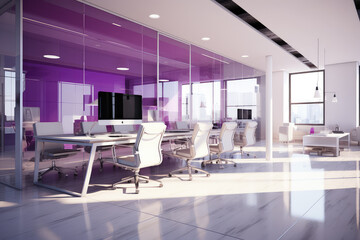 Modern office interior, showcasing a sophisticated blend of white and purple in an industrial setting. Perfect for contemporary business spaces.