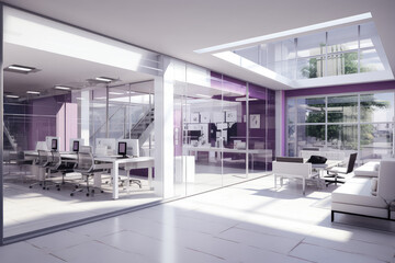 Step into a world of modern elegance with this industrial office design, accented with purple and white, embodying both style and functionality.