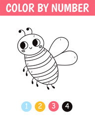 Color by number game for kids. Cute bee. Insect coloring book. Printable worksheet with solution for school and preschool. Learning numbers activity.