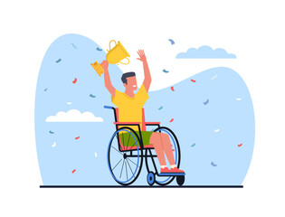 Male athlete in wheelchair holds gold winners trophy. Paralyzed man win competition. Handicapped human on award ceremony. Victory in Paralympics. Cartoon flat isolated vector concept