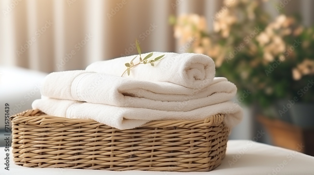Poster clean white towels in rattan basket on the table. created with generative ai