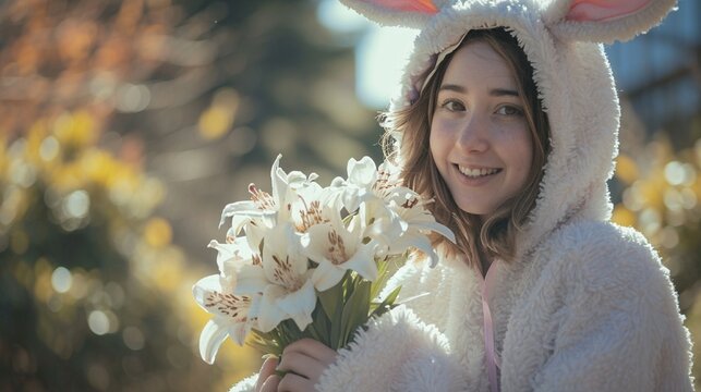 A candid photo shows a woman clutching a bouquet of Easter lilies and grinning heartily while dressed as a bunny