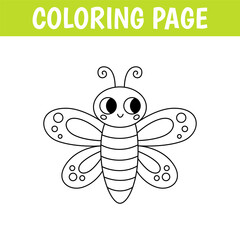 Insect coloring page, cute print with line butterfly. Printable worksheet with solution for school and preschool.