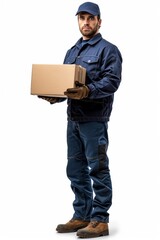 delivery man handing over a package - isolated on white background