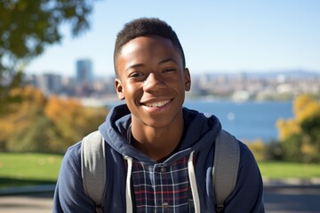 A confident, dark-skinned teen boy with bright braces on his teeth, smiling wide, as he sits in an urban park, with the city's skyline visible in the background on a sunny day