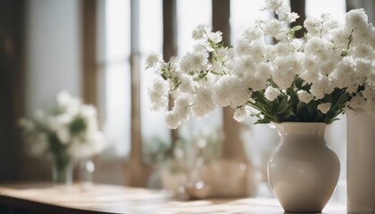 home interior with white flowers in a vase on a light background