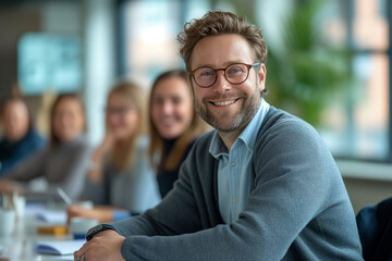 Portrait of a smiling young businessman with colleagues in the background at office