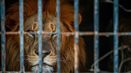 Wild lion in a cage, animal cruelty