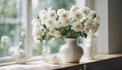 home interior with white flowers in a vase on a light background
