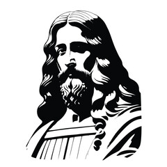 Good Friday illustration of Jesus Christ portrait for Christian religious occasion. Silhouette of black white inking drawing. Vector. 