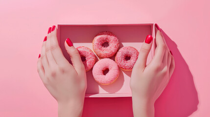  two white hands with long red nails hold a box of donuts pink background
