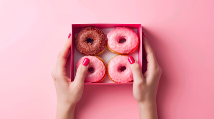  two white hands with long red nails hold a box of donuts pink background