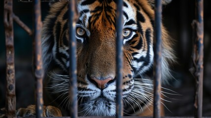 Wild tiger sitting in a cage, animal cruelty - obrazy, fototapety, plakaty